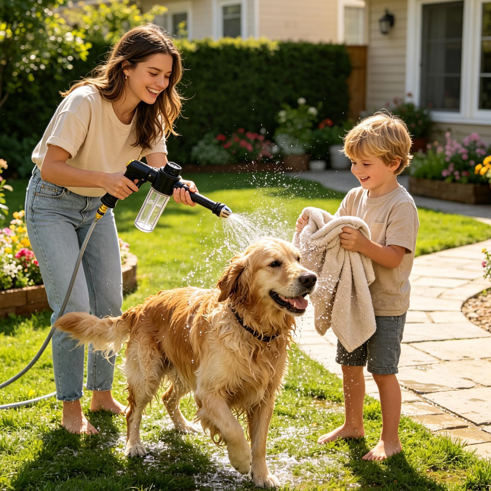 Garden Hose Nozzle - หัวฉีดน้ำสำหรับสายยางพร้อมขวดโฟม หัวฉีดปรับระดับได้ สำหรับรดน้ำสนามหญ้า สวน ลานบ้าน และรถยนต์