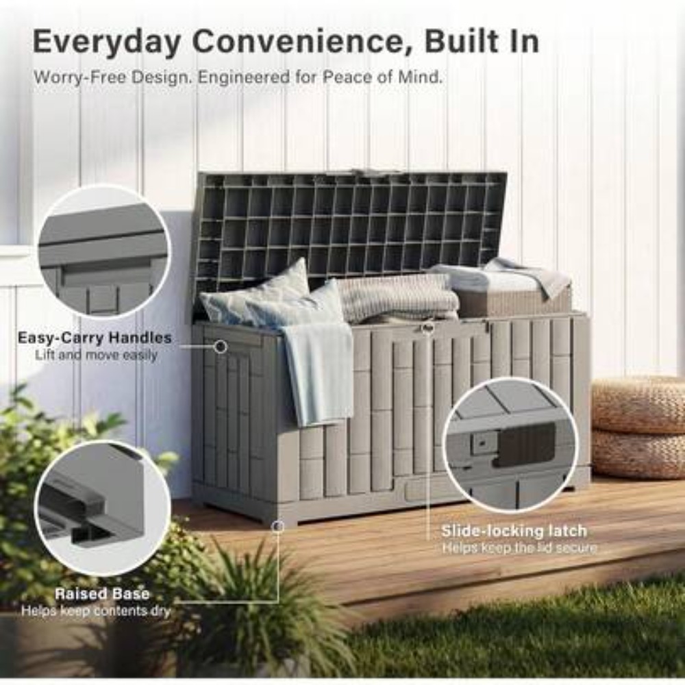 Gardening Tools Box - กล่องเก็บของกลางแจ้ง 60 แกลลอน กล่องเรซินกันน้ำสำหรับเก็บเบาะรองนั่งกลางแจ้ง อุปกรณ์ทำสวน พร้อมกุญแจล็อค