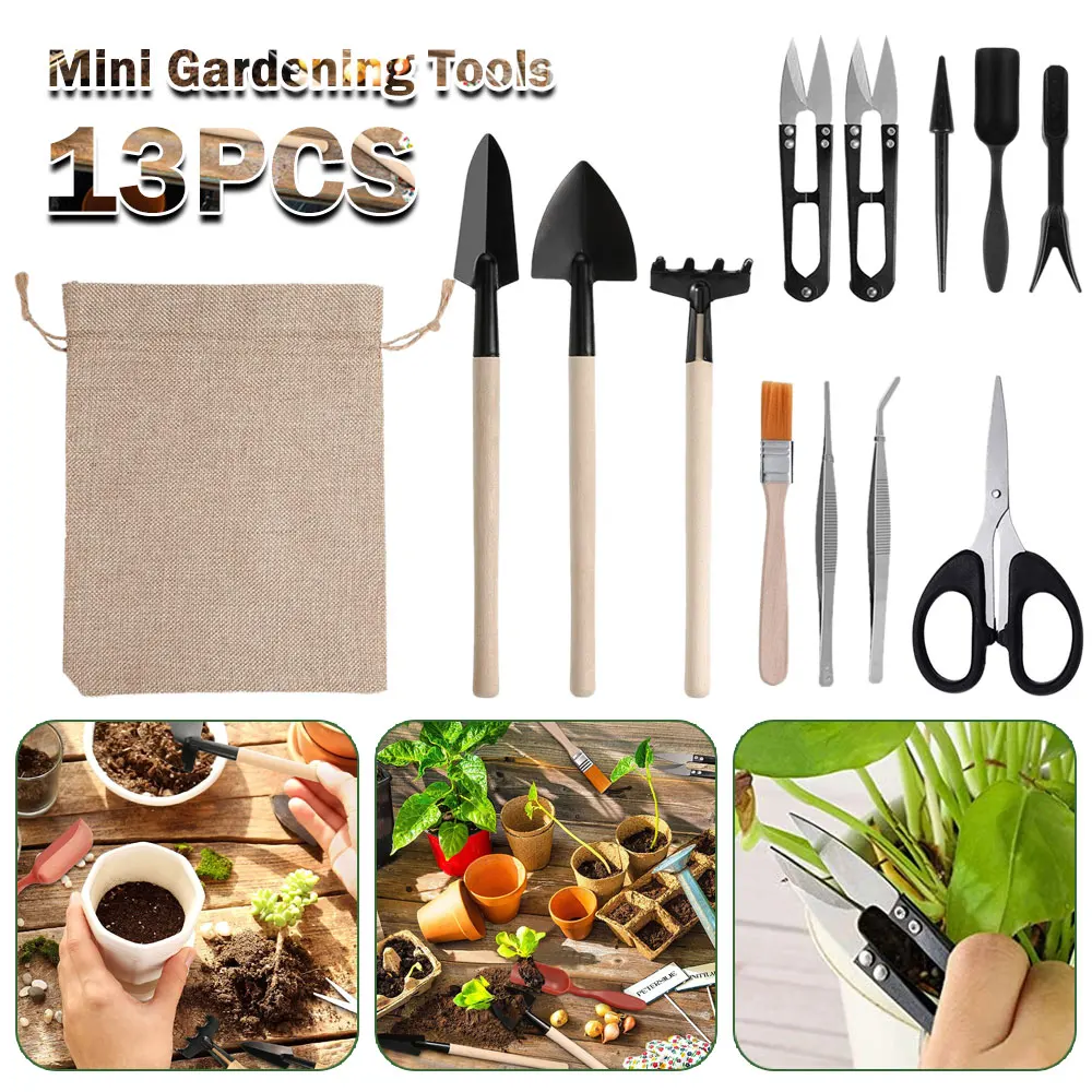 Gardening Tools Sale - ชุดเครื่องมือปลูกพืชอวบน้ำ13ชิ้นสำหรับปลูกในบ้านและสวนในร่มเครื่องมือปลูกกระบองเพชรสีดำ