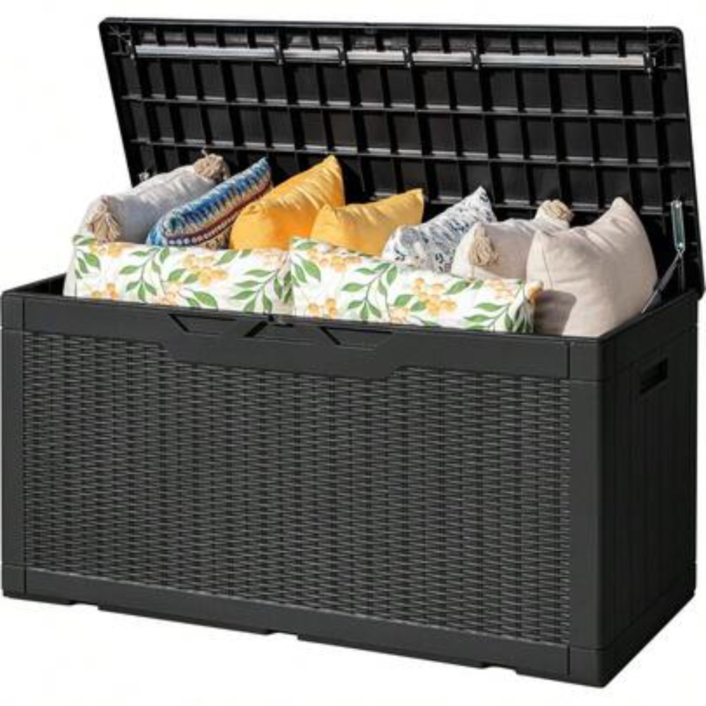 Gardening Tools Box - กล่องเก็บของกลางแจ้งขนาด 80 แกลลอน ทำจากเรซินกันน้ำ ลายไม้ ขนาดใหญ่สำหรับเก็บเบาะรองนั่ง