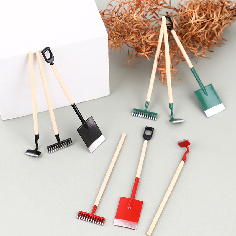 Gardening Tools Shovel - 3ชิ้นบ้านตุ๊กตา1:12ขนาดเล็กพลั่วทำสวนคราด hoes เครื่องมือฟาร์มตุ๊กตาตกแต่ง